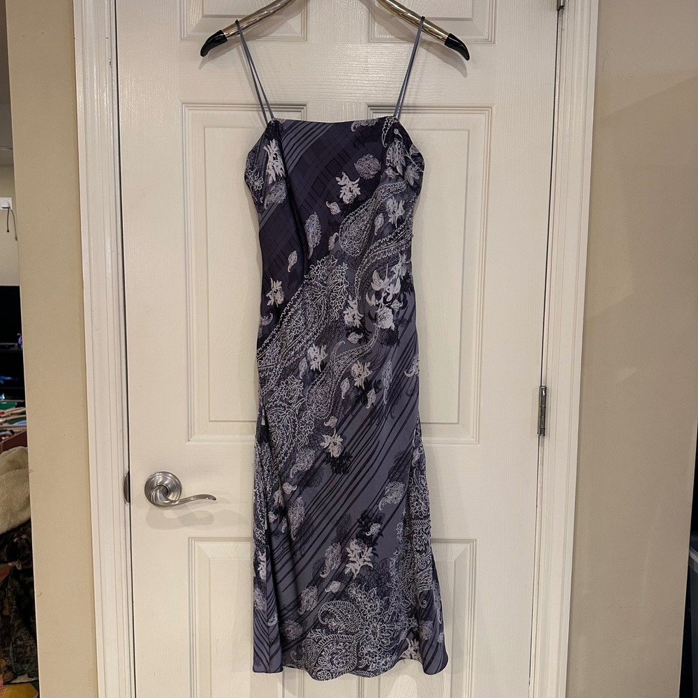 Papell Boutique Evening Silk Beaded Paisley Midi Dress Slate Blue Grey Size 6